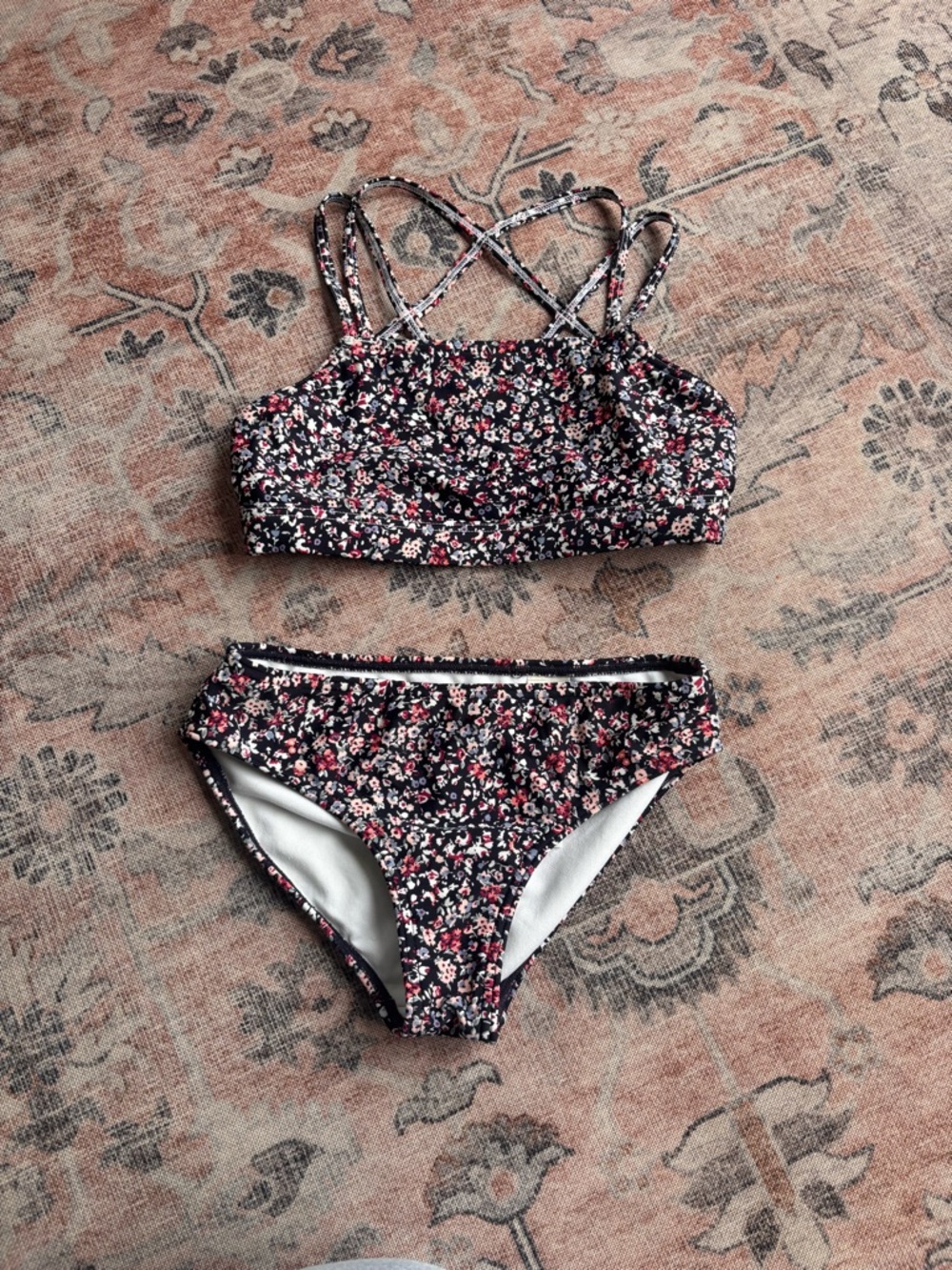 abercrombie kids Navy Floral Two-Piece Swim Set with Pink & White Flowers